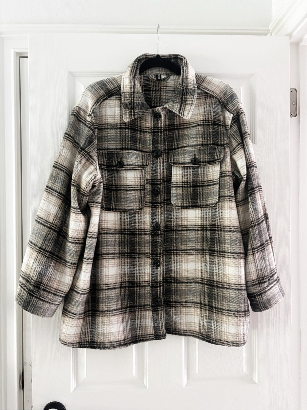 H&M Divided Plaid Button-Up Shacket Jacket - Beige Black